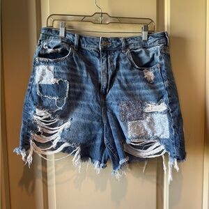 American Eagle denim patchwork shorts; size 14